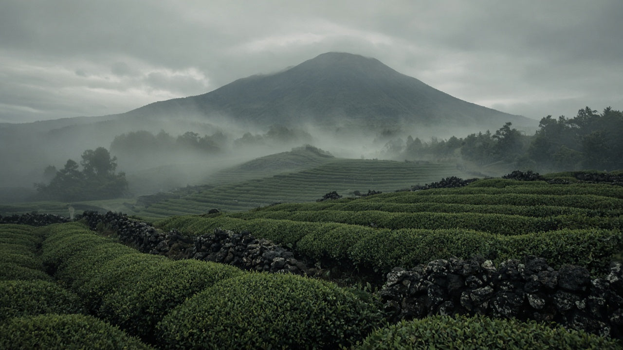 Tea fields in morning mist on Jeju Island, with Hallasan behind